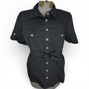 Contempo by Penningtons Button Up Belted Top In Black - Size 14